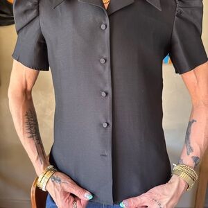 CO Black Puff Sleeve Sculpted Button Front Top Size S